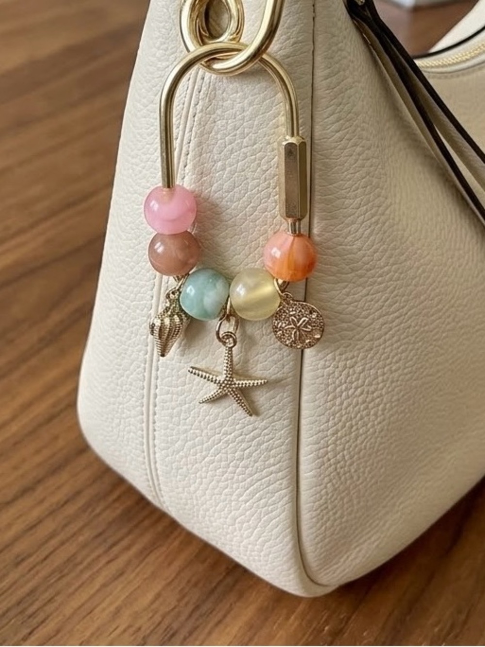 Carabiner Gold & Pastel Beaded Bag Charm Keychain with Starfish and Shell Charms